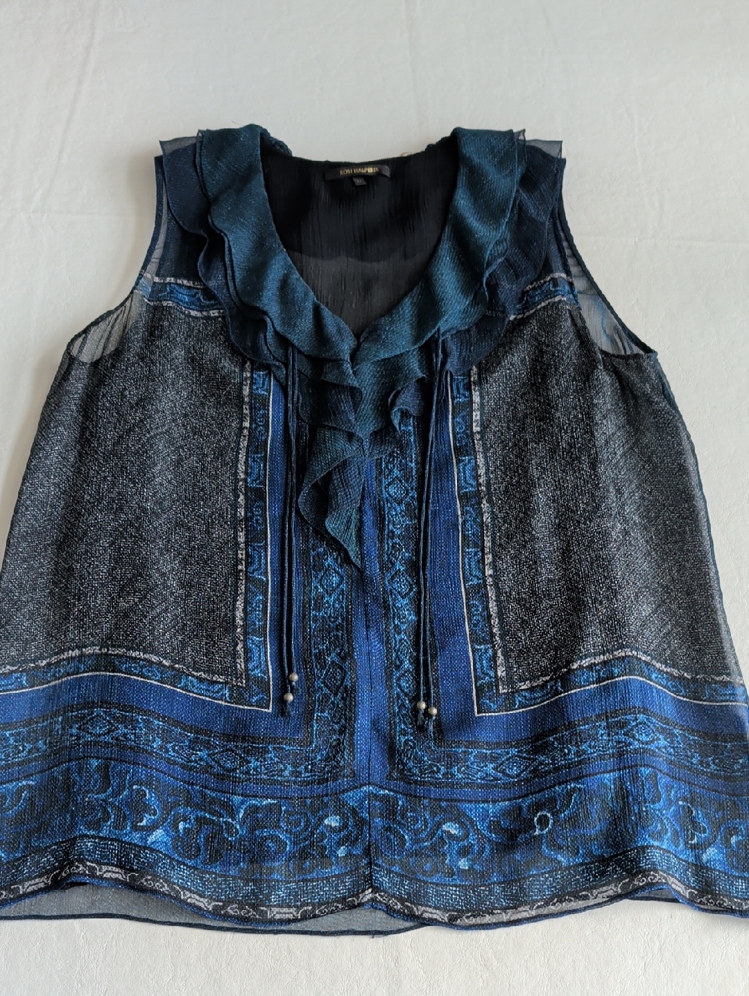 Kobi Halperin 100% Silk Sleeveless Ruffle Blue & Black Blouse Women's Size M
